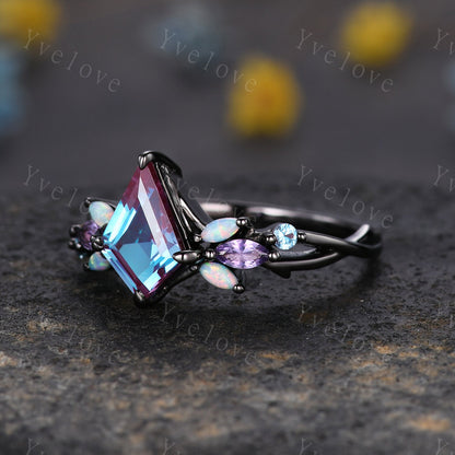 Vintage Kite Alexandrite Engagement Ring,Black Gold,Vines Amethyst Opal Ring,Unique Matching Band Promise Bridal Stacking Ring Gift for her