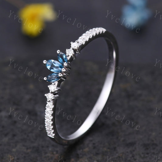 Antique Marquise London blue topaz wedding band topaz ring women moissanite promise ring bridal stacking matching band gift for her platinum