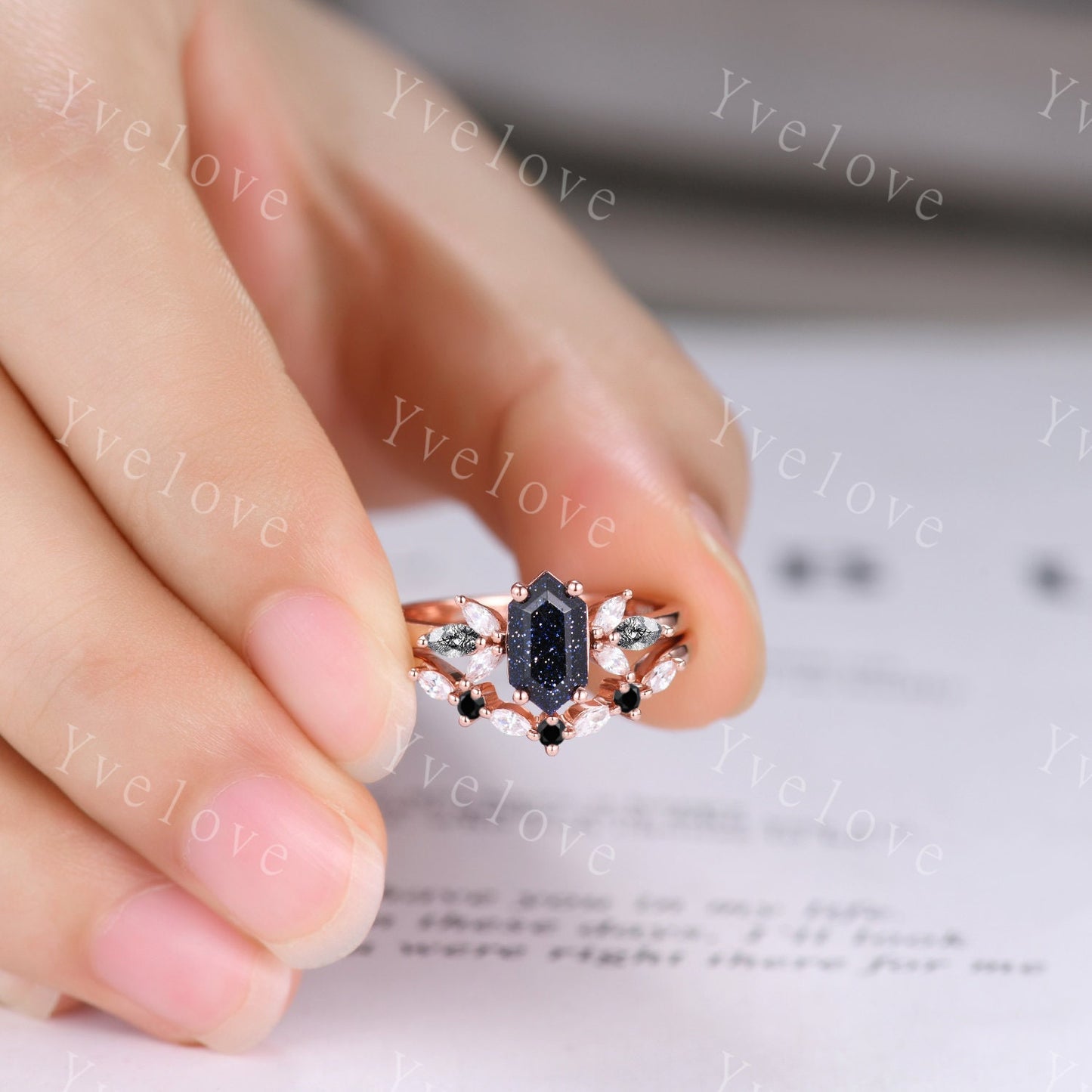 Vintage Hexagon cut Sandstone Engagement Ring Set,Unique Bridal Set,Marquise Black Rutilated Quartz,Rose Gold Black Diamond Galaxy Ring Gift