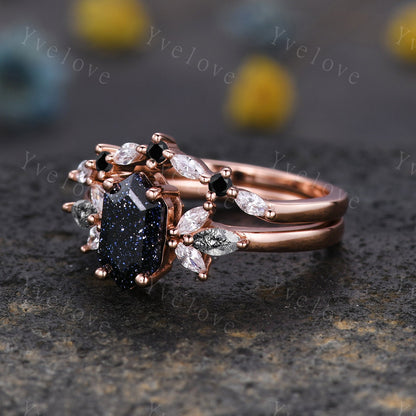 Vintage Hexagon cut Sandstone Engagement Ring Set,Unique Bridal Set,Marquise Black Rutilated Quartz,Rose Gold Black Diamond Galaxy Ring Gift