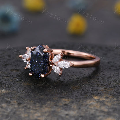 Hexagon Blue Sandstone Engagement Ring Women Stacking Matching Band Diamond Moissanite Ring Unique Vintage Floral Design Promise Gift Silver