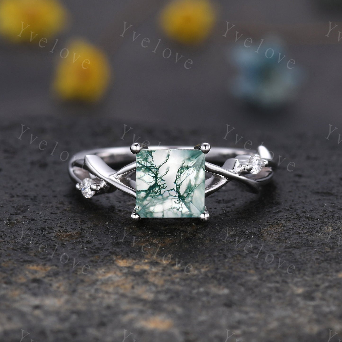 Unique Princess cut Moss Agate Engagement Ring Set,Art Deco Branch Twig Diamond Ring,Silver,Natural Inspired Wedding Ring Gift For her