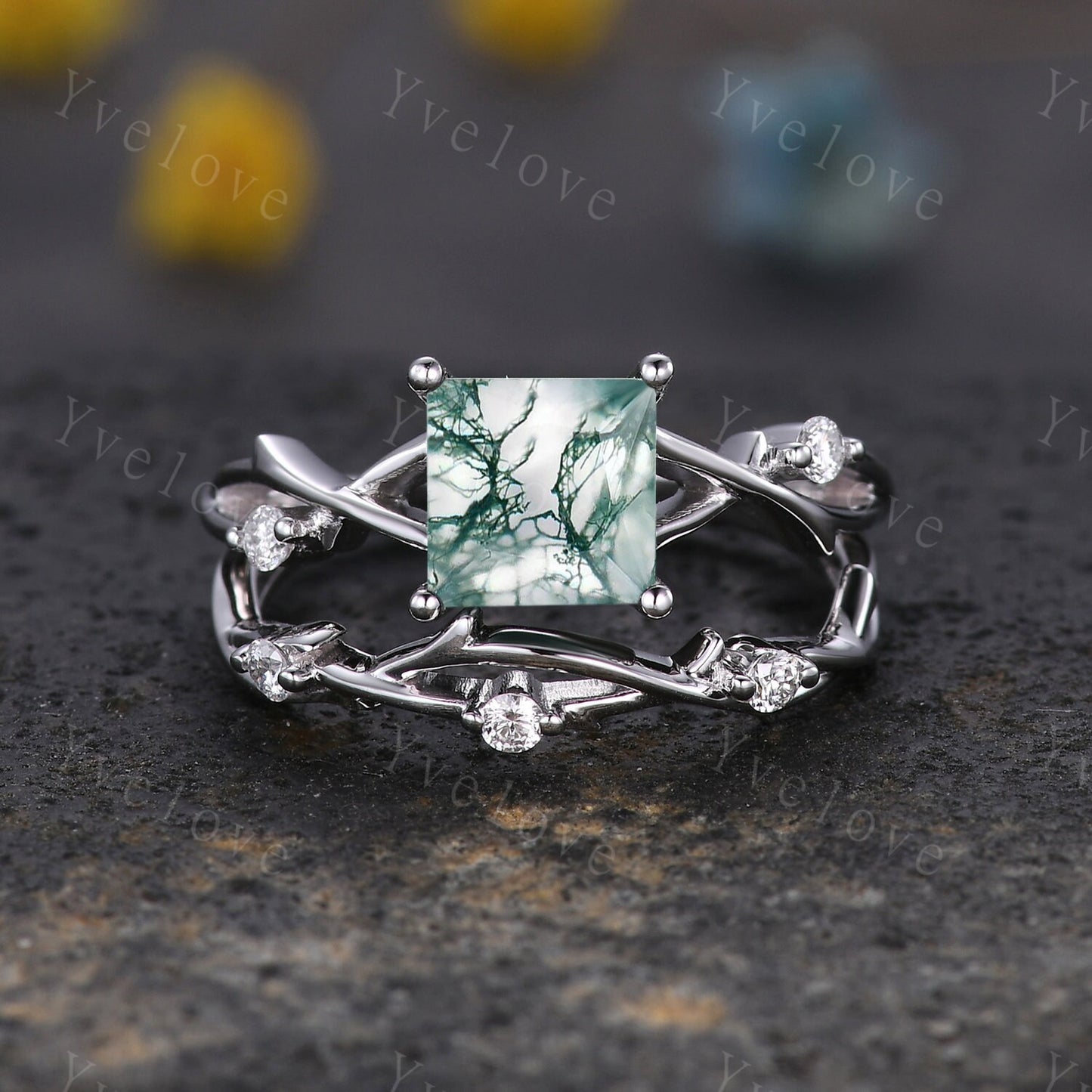 Unique Princess cut Moss Agate Engagement Ring Set,Art Deco Branch Twig Diamond Ring,Silver,Natural Inspired Wedding Ring Gift For her