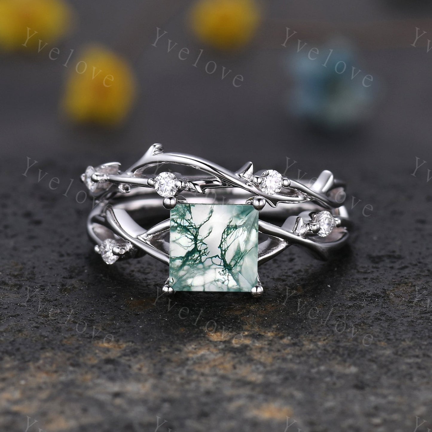 Unique Princess cut Moss Agate Engagement Ring Set,Art Deco Branch Twig Diamond Ring,Silver,Natural Inspired Wedding Ring Gift For her