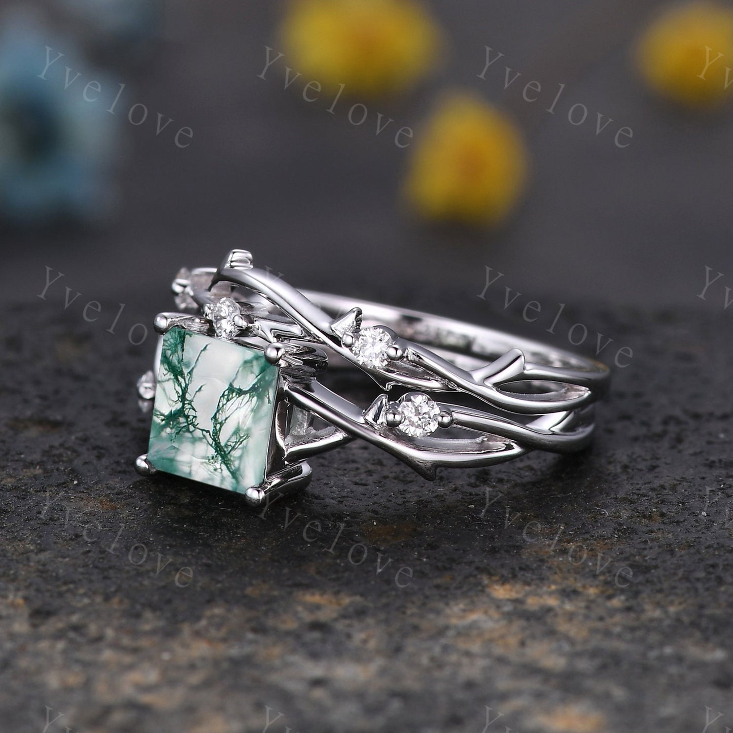 Unique Princess cut Moss Agate Engagement Ring Set,Art Deco Branch Twig Diamond Ring,Silver,Natural Inspired Wedding Ring Gift For her
