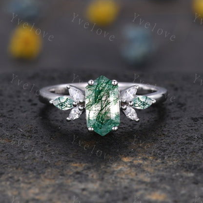 Vintage Hexagon cut Moss Agate Engagement Ring Set,Unique Bridal Set Marquise Moissanite Emerald Wedding Band Promise Ring Gift Platinum