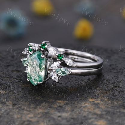 Vintage Hexagon cut Moss Agate Engagement Ring Set,Unique Bridal Set Marquise Moissanite Emerald Wedding Band Promise Ring Gift Platinum