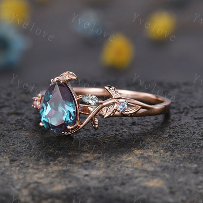 Teardrop Alexandrite Moss Agate Ring,Vintage Vine Leaf Ring,Alexandrite Engagement Ring,Celtic Unique Handmade Promise Gifts for Her,Custom