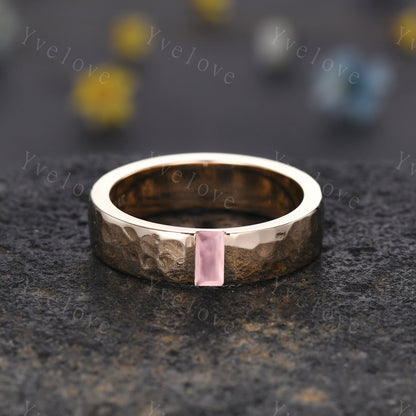 Mens Rose Quartz Wedding Band Baguette Cut Pink Gems Band 5mm Solid Gold Ring Mens Hammered Stacking Matching Band Retro Vintage Ring Gift