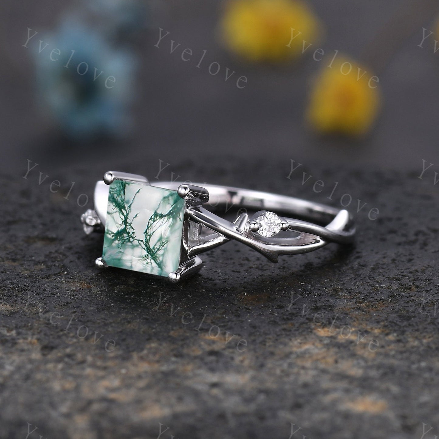 Vintage Princess Shaped Moss Agate Ring,Green Agate Engagement Ring,Leaf Twig Diamond Ring,Natural Inspired Wedding Ring Gift,Platinum Ring