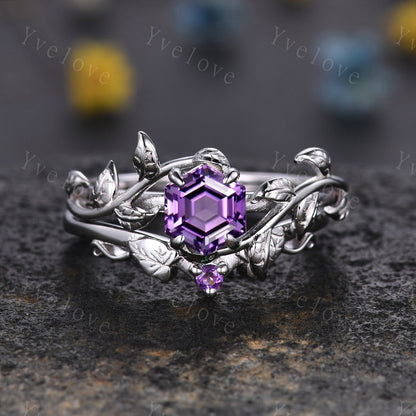 Hexagon Amethyst Ring,Vintage Twig Vine Leaf Ring,Unique Amethyst Engagement Ring,Purple Amethyst Ring,Promise Anniversary Bridal Ring Gift