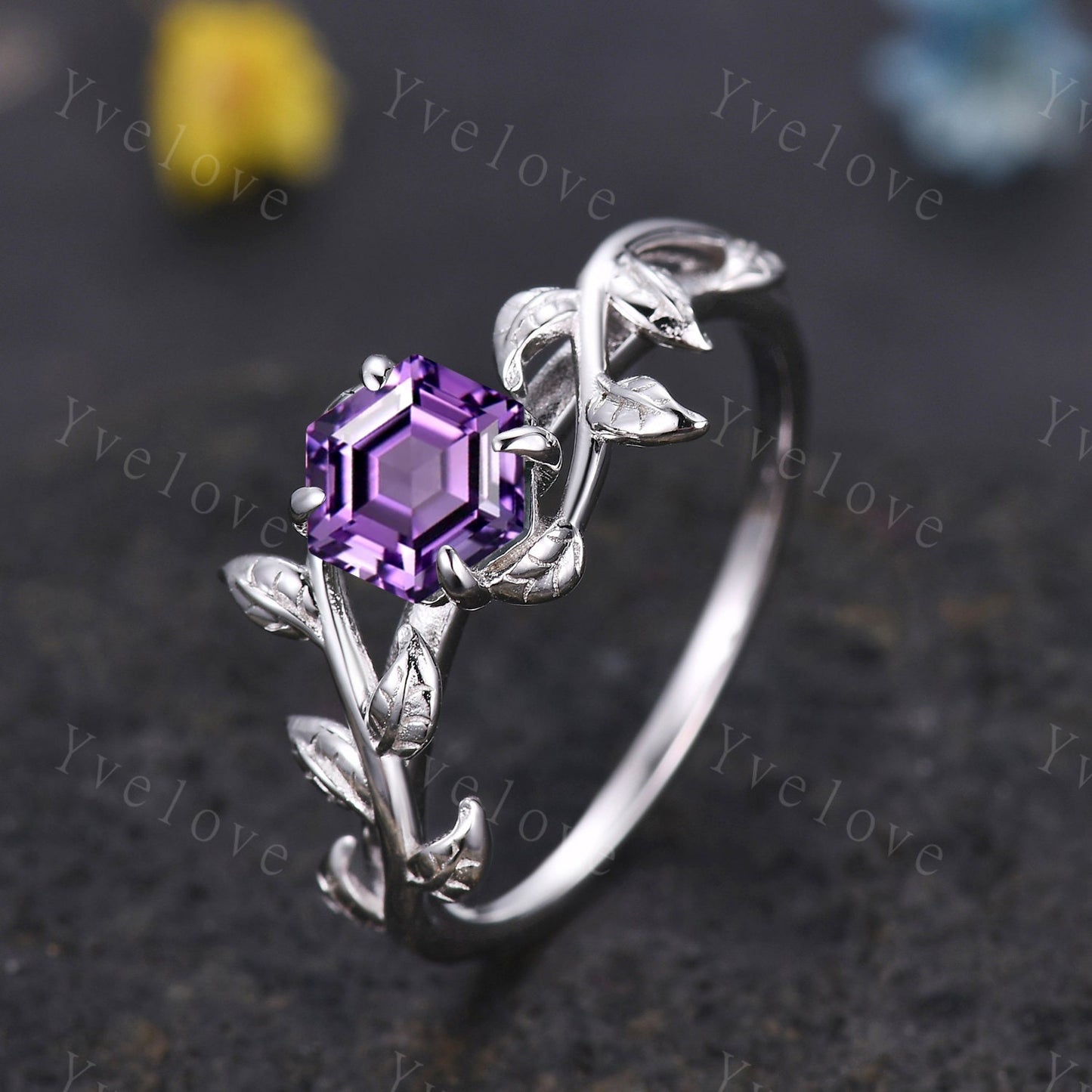 Hexagon Amethyst Ring,Vintage Twig Vine Leaf Ring,Unique Amethyst Engagement Ring,Purple Amethyst Ring,Promise Anniversary Bridal Ring Gift