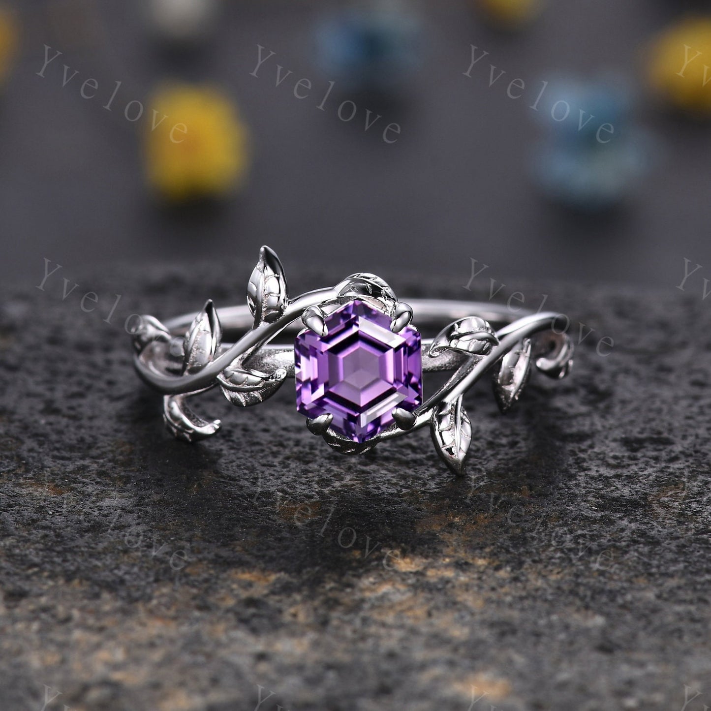 Hexagon Amethyst Ring,Vintage Twig Vine Leaf Ring,Unique Amethyst Engagement Ring,Purple Amethyst Ring,Promise Anniversary Bridal Ring Gift