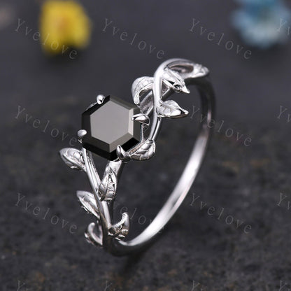 Hexagon Black Onyx Ring Set,Vintage Twig Vine Leaf Ring,Unique Black Onyx Engagement Ring,Alexandrite Ring,Promise Bridal Ring Gift,Silver