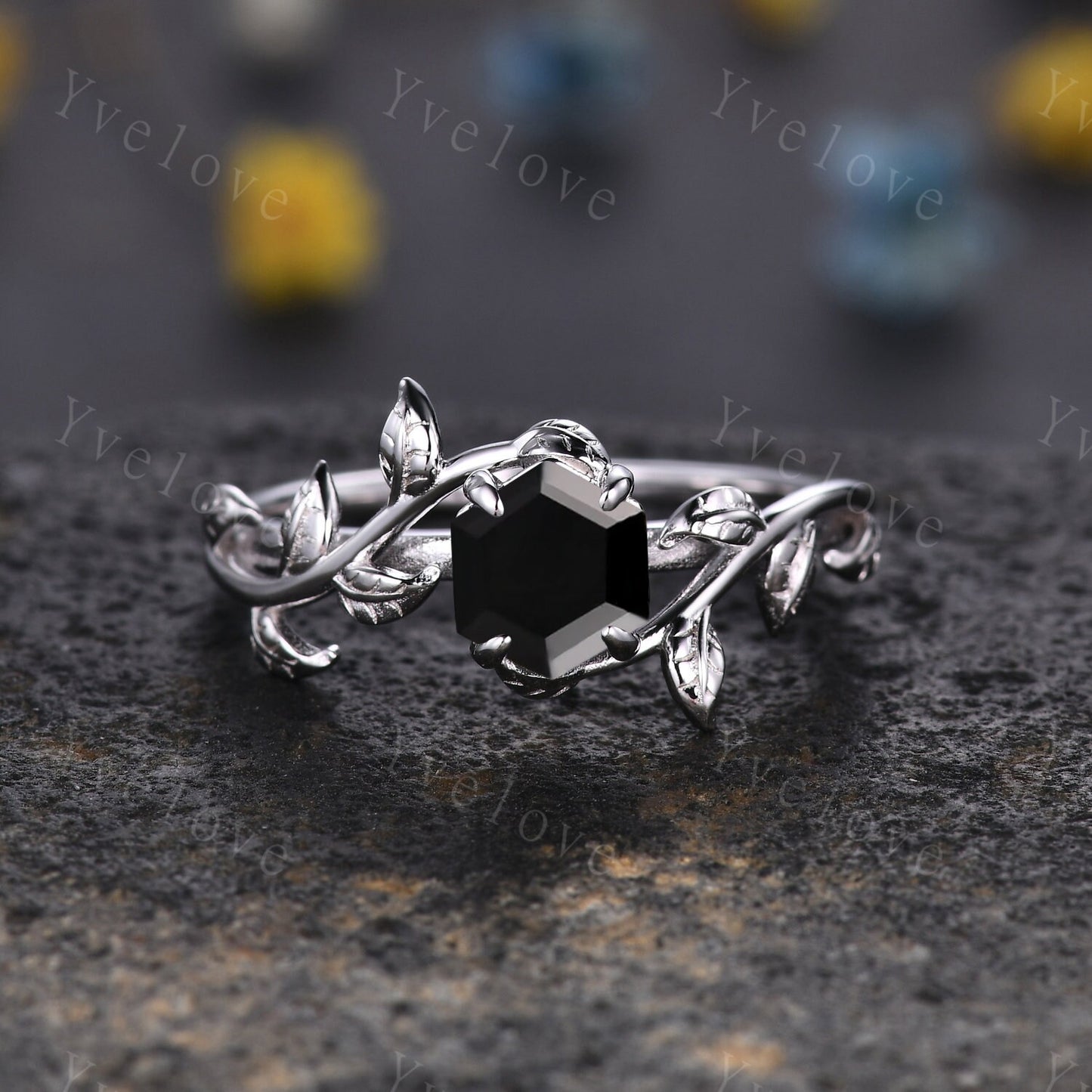 Hexagon Black Onyx Ring Set,Vintage Twig Vine Leaf Ring,Unique Black Onyx Engagement Ring,Alexandrite Ring,Promise Bridal Ring Gift,Silver