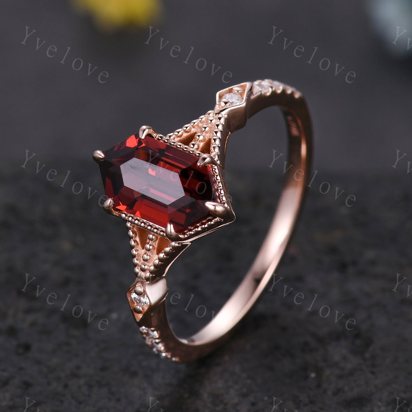 Vintage Long Hexagon Cut  Garnet Ring Moissanite Rose Gold Band Garnet Jewelry Art Deco  Promise Engagement Ring For Women July Ring Gift