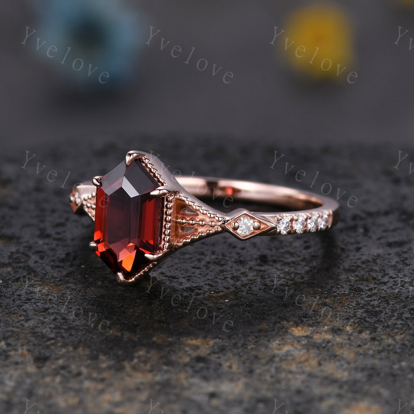 Vintage Long Hexagon Cut  Garnet Ring Moissanite Rose Gold Band Garnet Jewelry Art Deco  Promise Engagement Ring For Women July Ring Gift