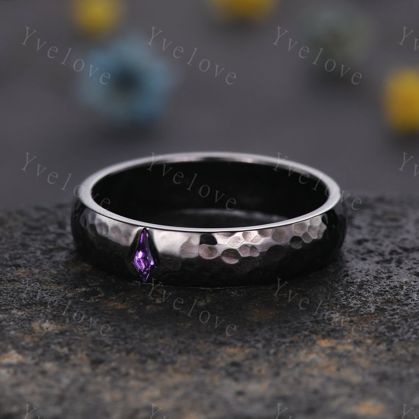 Mens Kite Amethyst Wedding Band Retro Black Gold Ring Mens Hammered Stackable Matching Ring February Birthstone Vintage Ring Gift For Him