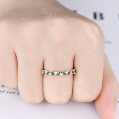 Emerald wedding band half eternity art deco emerald ring rose gold marquise gemstone promise bridal stacking matching band May birthstone