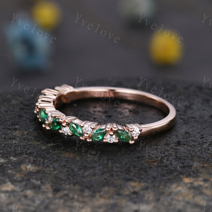 Emerald wedding band half eternity art deco emerald ring rose gold marquise gemstone promise bridal stacking matching band May birthstone