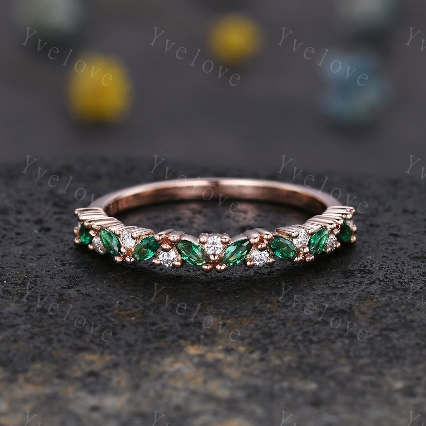 Emerald wedding band half eternity art deco emerald ring rose gold marquise gemstone promise bridal stacking matching band May birthstone