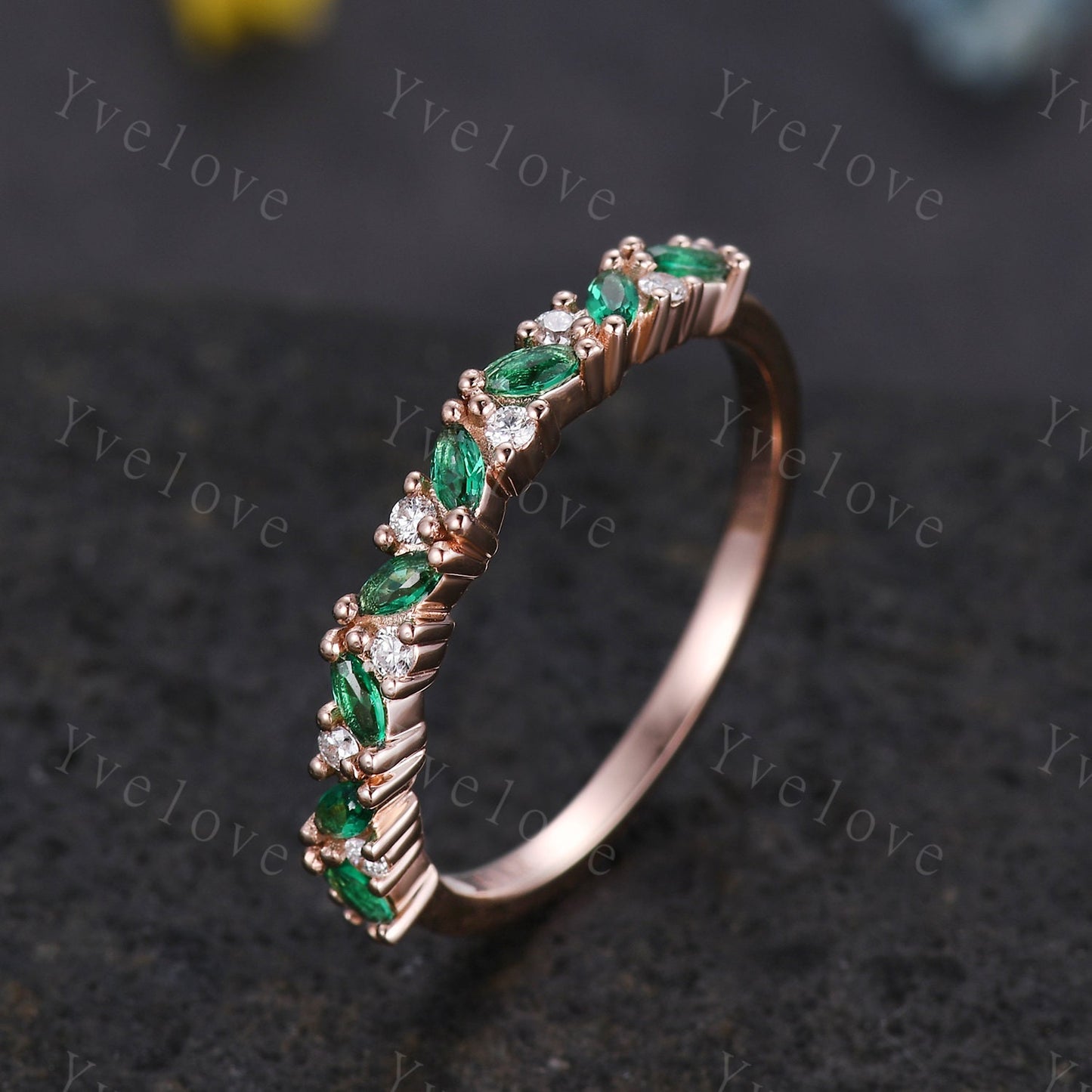 Emerald wedding band half eternity art deco emerald ring rose gold marquise gemstone promise bridal stacking matching band May birthstone