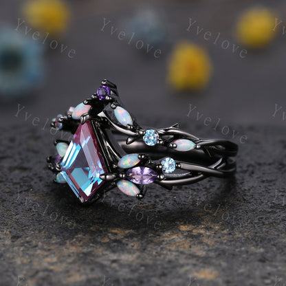Vintage Kite Alexandrite Engagement Ring,Black Gold,Vines Amethyst Opal Ring,Unique Matching Band Promise Bridal Stacking Ring Gift for her