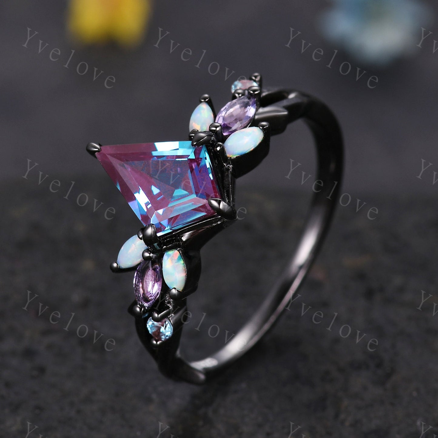 Vintage Kite Alexandrite Engagement Ring,Black Gold,Vines Amethyst Opal Ring,Unique Matching Band Promise Bridal Stacking Ring Gift for her