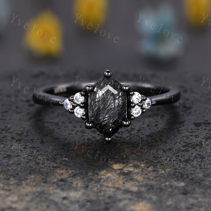 Retro hexagon Black Rutilate Quartz Ring,Vintage Black Silver Ring Set,Unique Engagement Ring,Promise Ring,Anniversary Ring Gift For Her