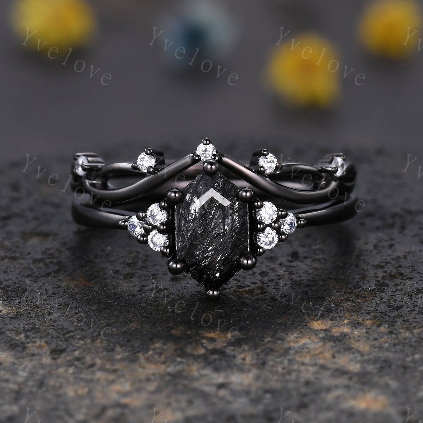 Retro hexagon Black Rutilate Quartz Ring,Vintage Black Silver Ring Set,Unique Engagement Ring,Promise Ring,Anniversary Ring Gift For Her