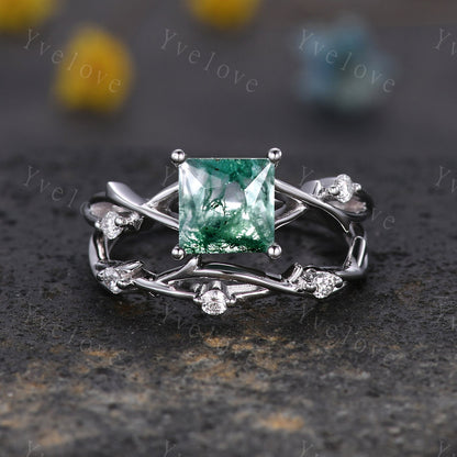 Unique Princess cut Moss Agate Engagement Ring Set,Art Deco Branch Twig Diamond Ring,Silver,Natural Inspired Wedding Ring Gift For her