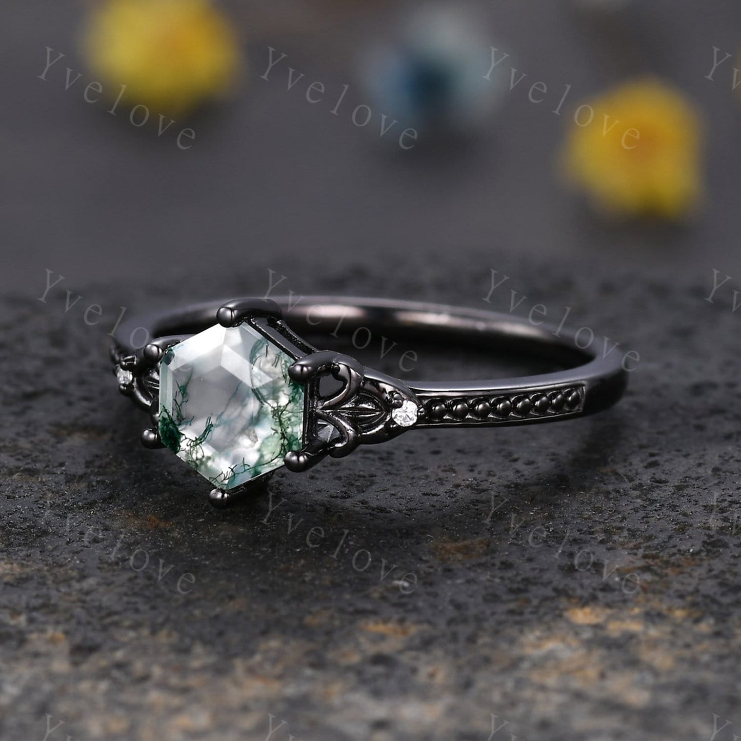 Hexagon Cut Moss Agate Engagement Ring Vintage Black Gold Ring Unique black wedding band,Diamond Ring Anniversary Gift,Celtic Gothic Ring