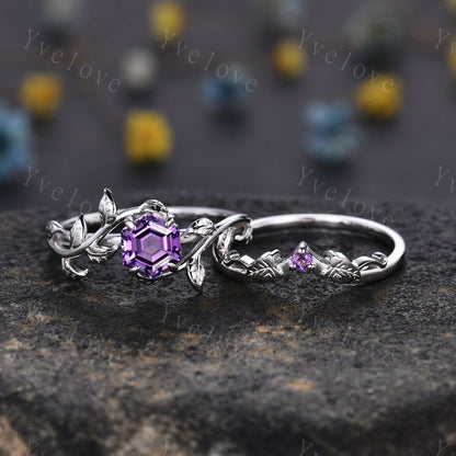 Hexagon Amethyst Ring,Vintage Twig Vine Leaf Ring,Unique Amethyst Engagement Ring,Purple Amethyst Ring,Promise Anniversary Bridal Ring Gift