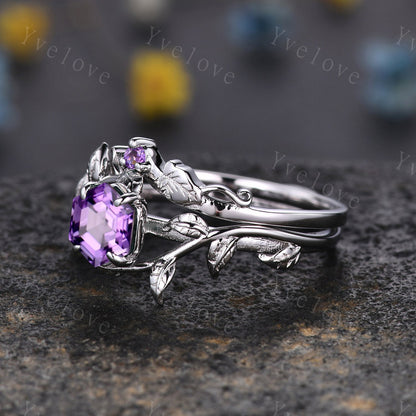 Hexagon Amethyst Ring,Vintage Twig Vine Leaf Ring,Unique Amethyst Engagement Ring,Purple Amethyst Ring,Promise Anniversary Bridal Ring Gift