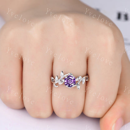 Hexagon Amethyst Ring,Vintage Twig Vine Leaf Ring,Unique Amethyst Engagement Ring,Purple Amethyst Ring,Promise Anniversary Bridal Ring Gift