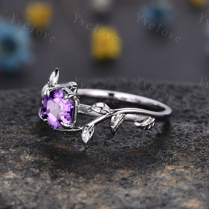 Hexagon Amethyst Ring,Vintage Twig Vine Leaf Ring,Unique Amethyst Engagement Ring,Purple Amethyst Ring,Promise Anniversary Bridal Ring Gift