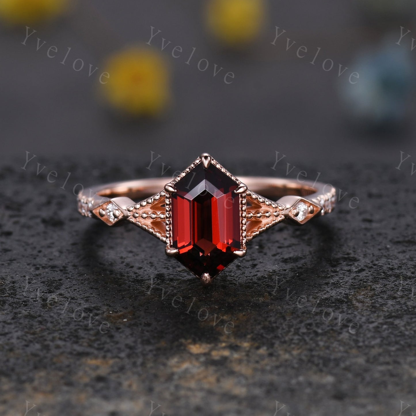 Vintage Long Hexagon Cut  Garnet Ring Moissanite Rose Gold Band Garnet Jewelry Art Deco  Promise Engagement Ring For Women July Ring Gift