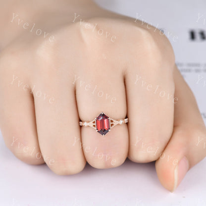 Vintage Long Hexagon Cut  Garnet Ring Moissanite Rose Gold Band Garnet Jewelry Art Deco  Promise Engagement Ring For Women July Ring Gift