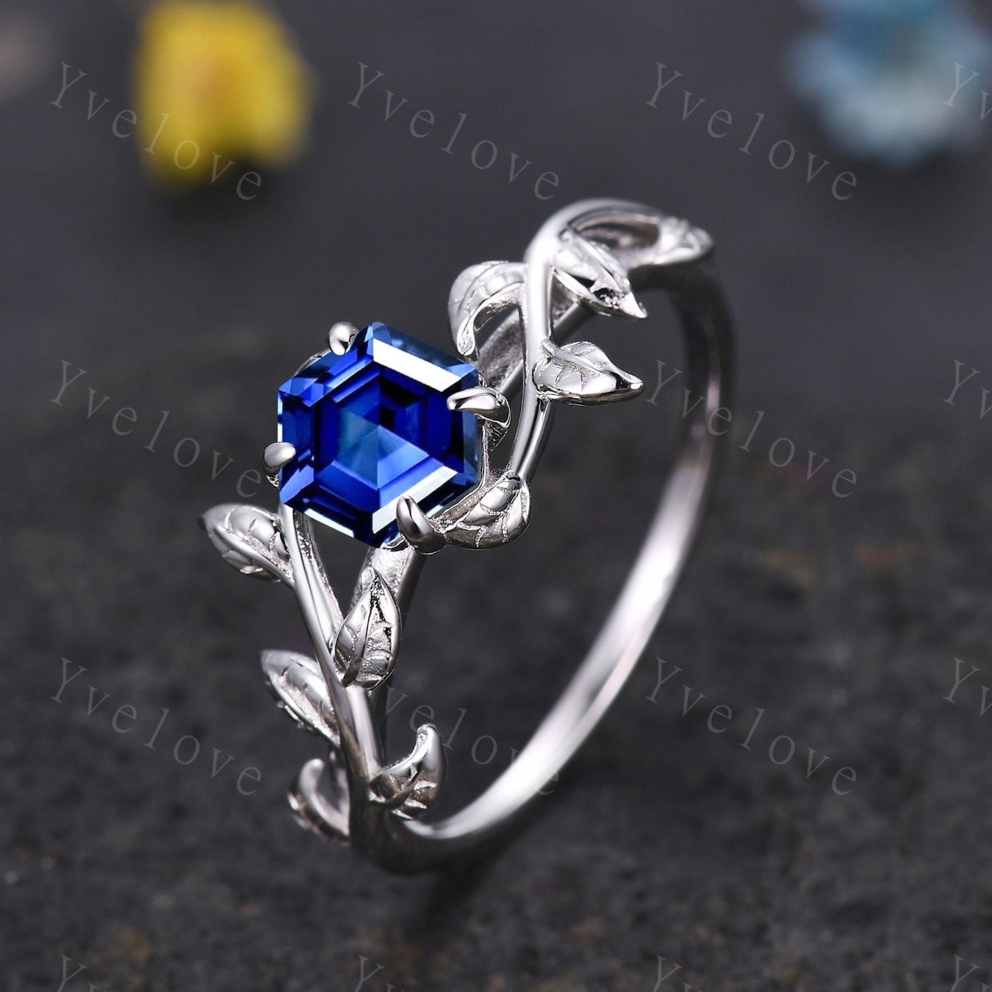 Hexagon Sapphire Ring,Vintage Vine Leaf Ring,Unique Sapphire Opal Engagement Ring,September birthstone,Promise Anniversary Bridal Ring Gift