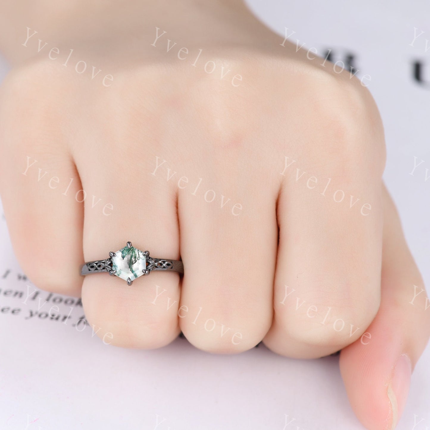 Hexagon Shaped Moss Agate Engagement Ring 925 Black Silver Vintage Moss Agate Wedding Ring Enhancer Band Art Deco Bridal Ring Set For Women