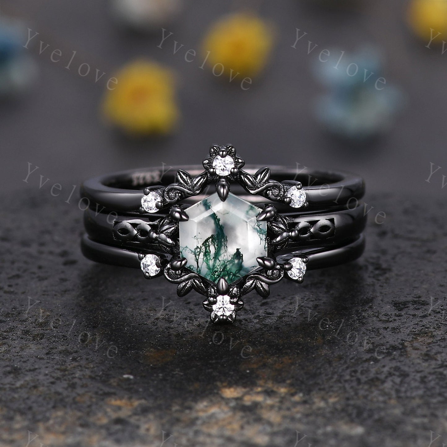 Hexagon Shaped Moss Agate Engagement Ring 925 Black Silver Vintage Moss Agate Wedding Ring Enhancer Band Art Deco Bridal Ring Set For Women