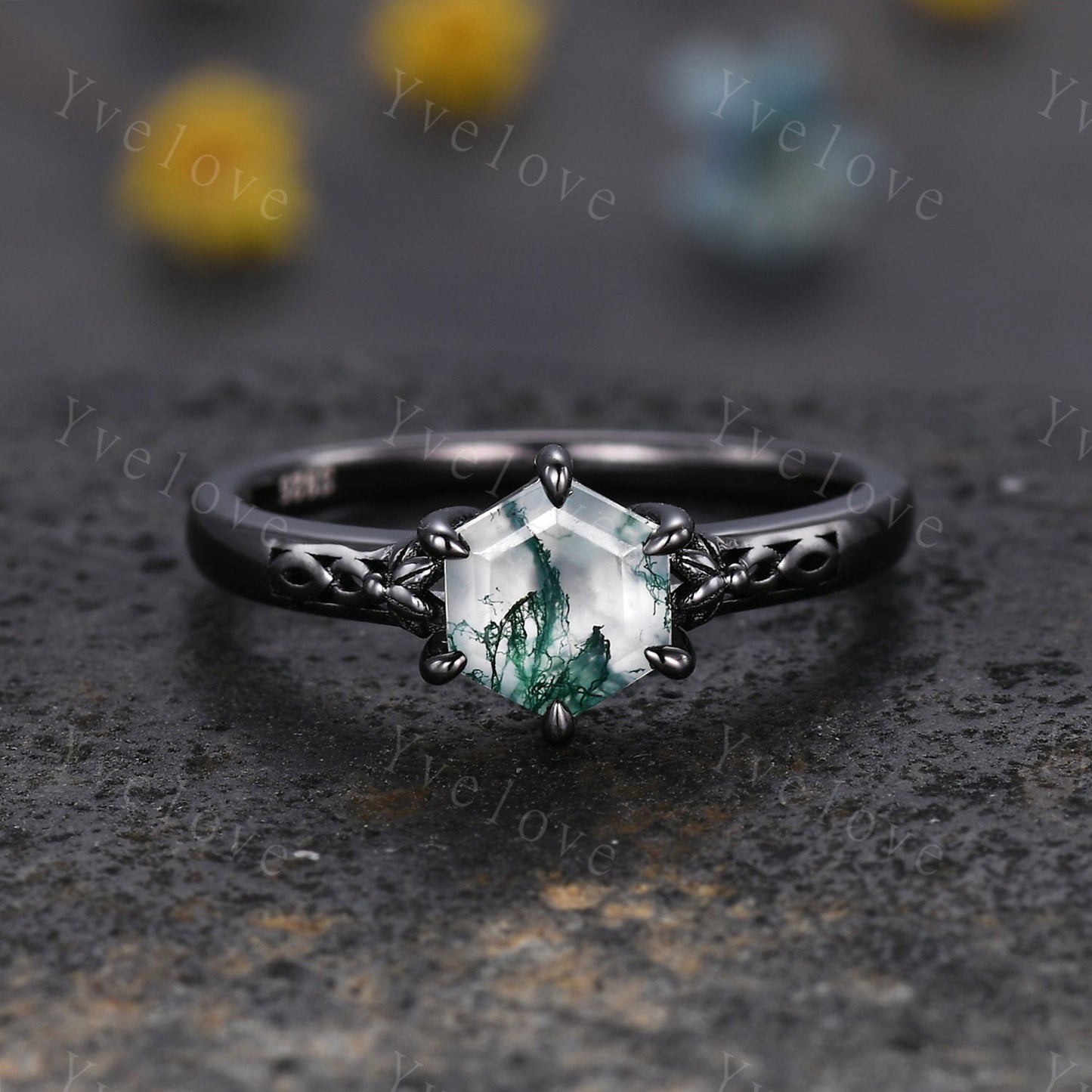 Hexagon Shaped Moss Agate Engagement Ring Set 925 Silver Vintage Moss Agate Wedding Ring Enhancer Band Art Deco Bridal  Ring Set For Women