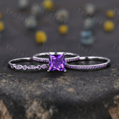 3 set Princess cut amethyst engagement ring set Amethyst ring set amethyst matching band silver promise ring set bridal set for women gift