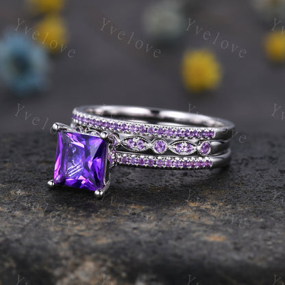 3 set Princess cut amethyst engagement ring set Amethyst ring set amethyst matching band silver promise ring set bridal set for women gift