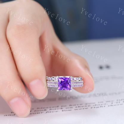 3 set Princess cut amethyst engagement ring set Amethyst ring set amethyst matching band silver promise ring set bridal set for women gift