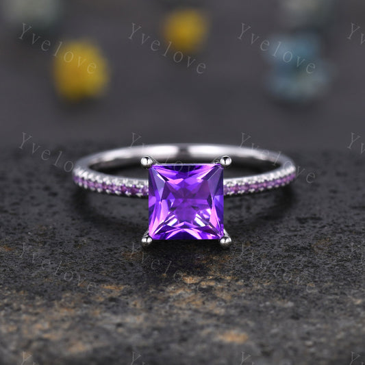 Art deco princess cut amethyst engagement ring hidden halo Amethyst ring amethyst wedding band February birthstone bridal jewelry gift