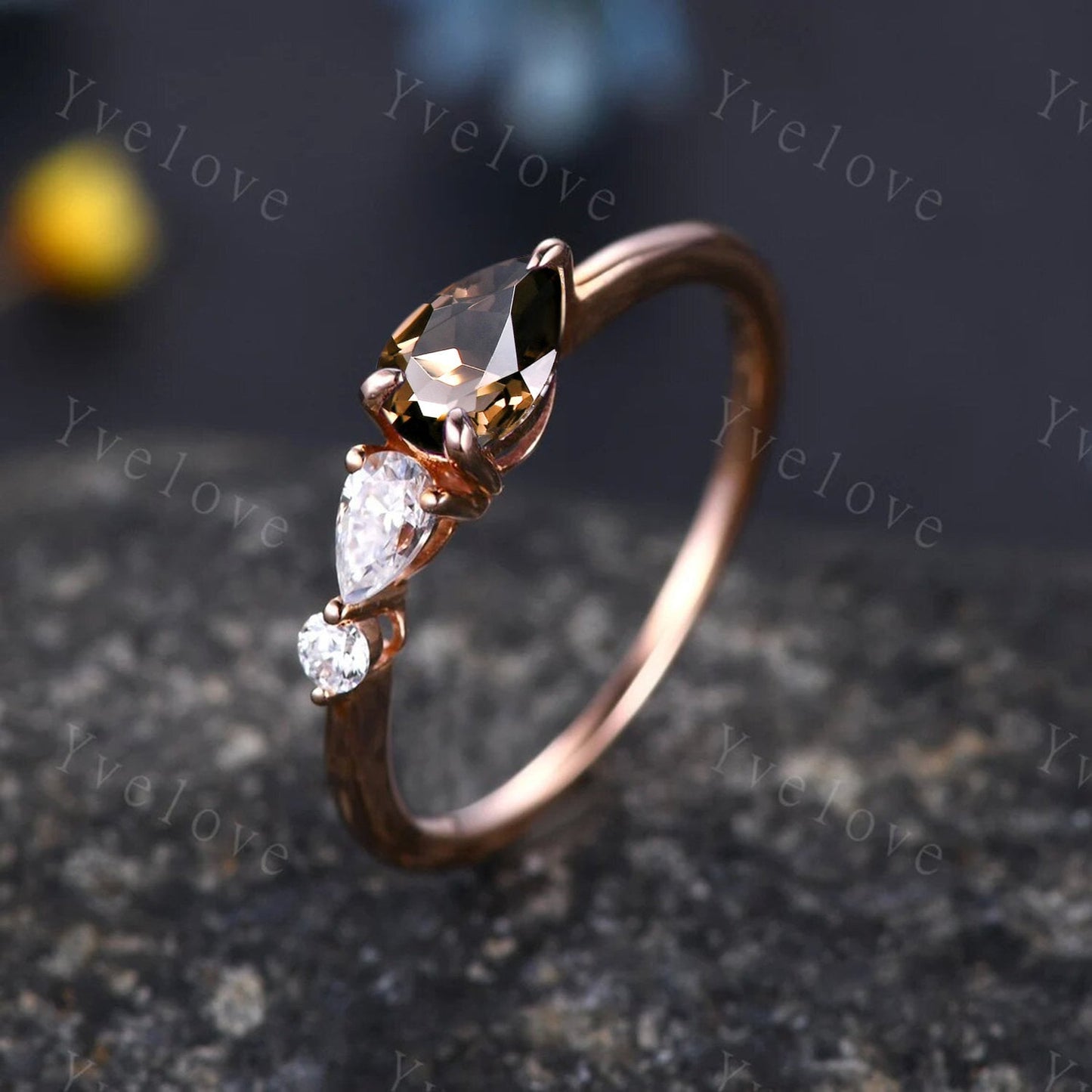 Vintage Smoky Quartz Ring Engagement Ring,Pear Cut Gems,Art Deco Moissanite Wedding Band,3 Stone Unique Women Bridal Promise Ring,Rose gold