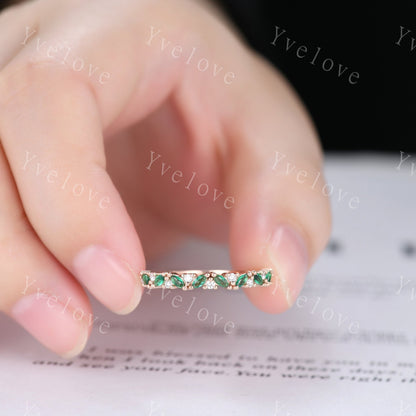 Emerald wedding band half eternity art deco emerald ring rose gold marquise gemstone promise bridal stacking matching band May birthstone