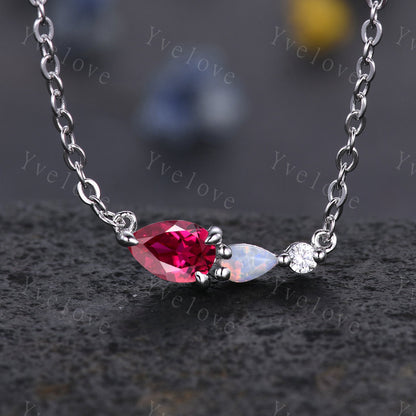 Unique Ruby Opal Necklace,Pear Cut Gems,Art Deco Moissanite Diamond Delicate Dainty Necklace,3 Stone Unique Women Bridal Gift,White gold