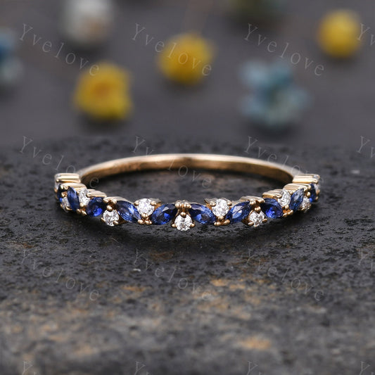 Marquise sapphire wedding band vintage sapphire ring yellow gold moissanite antique unique stacking band anniversary promise matching band